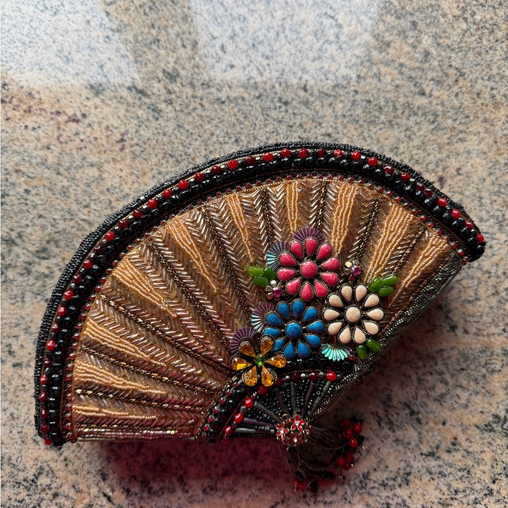 Beaded Fan-Shaped Clutch with Floral Design